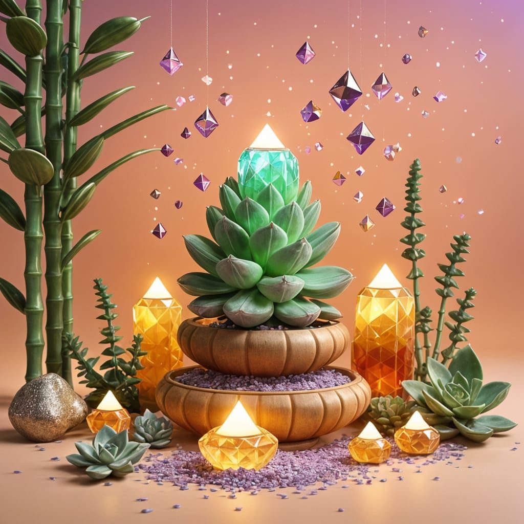 Zen Botanical Garden with Floating Crystals in Pixel Art