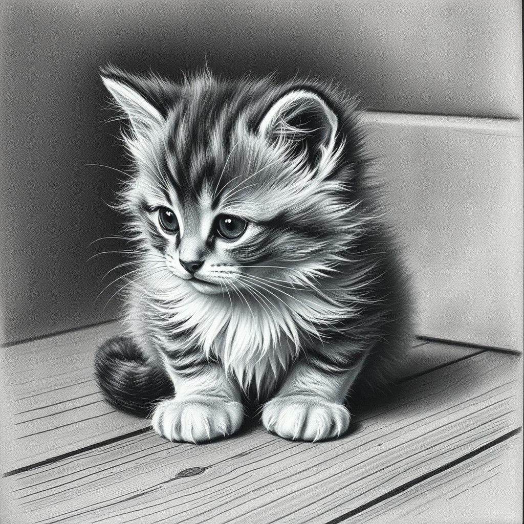 Detailed Charcoal Drawing of Fluffy Kitten on Wood Floor