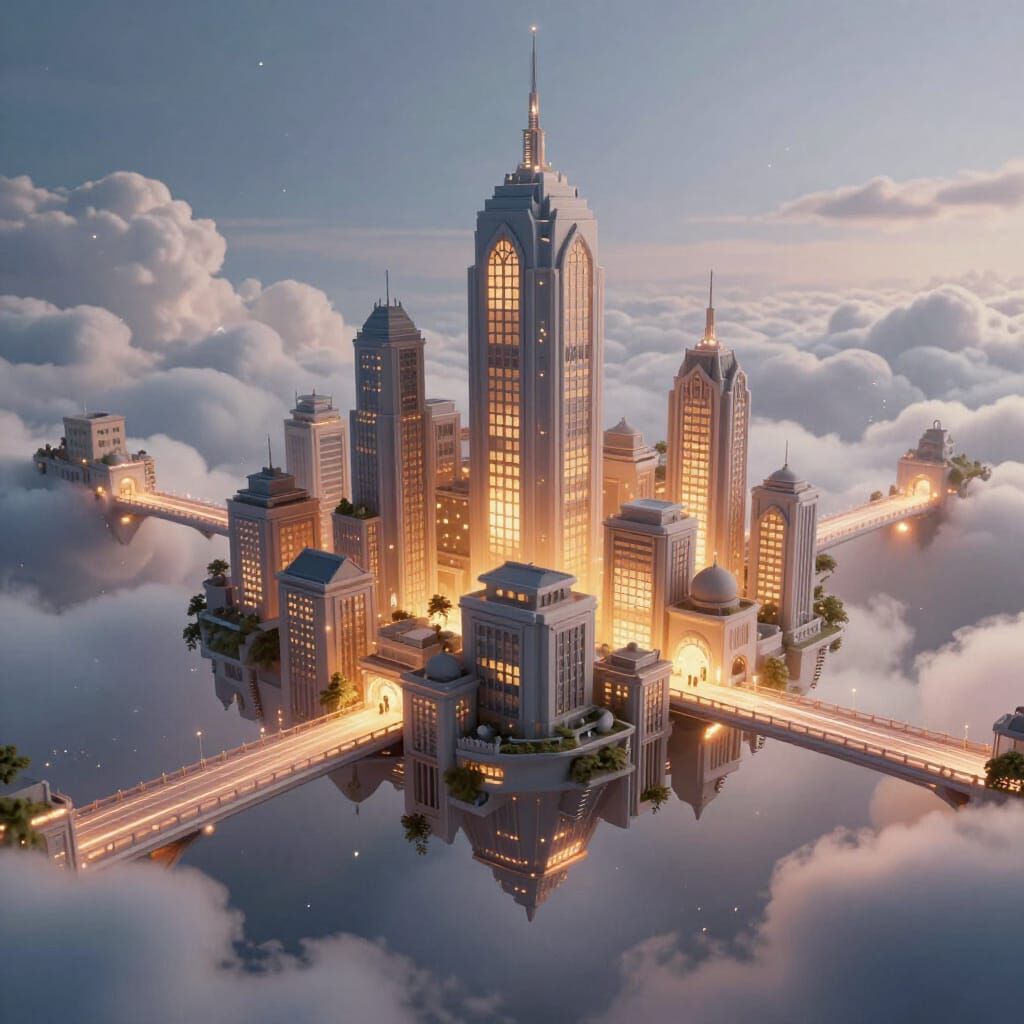 Fantastical 3D City Floating in Clouds with Glowing Bridges