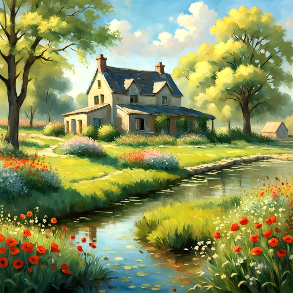 Impressionist Masterpiece with Spring Florals and Farmhouse