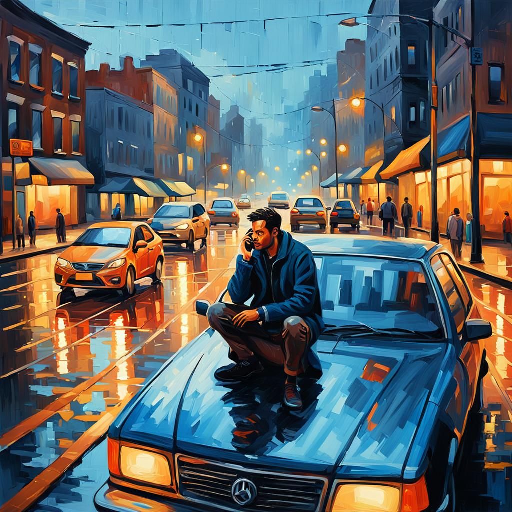 Man on Car Bonnet in Moody Urban Oil Painting