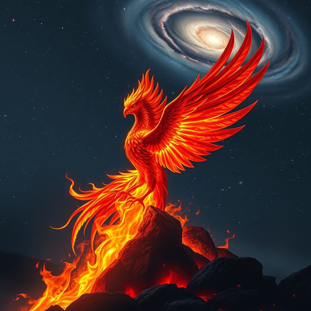Phoenix Rising from Embers in Cosmic Night Sky