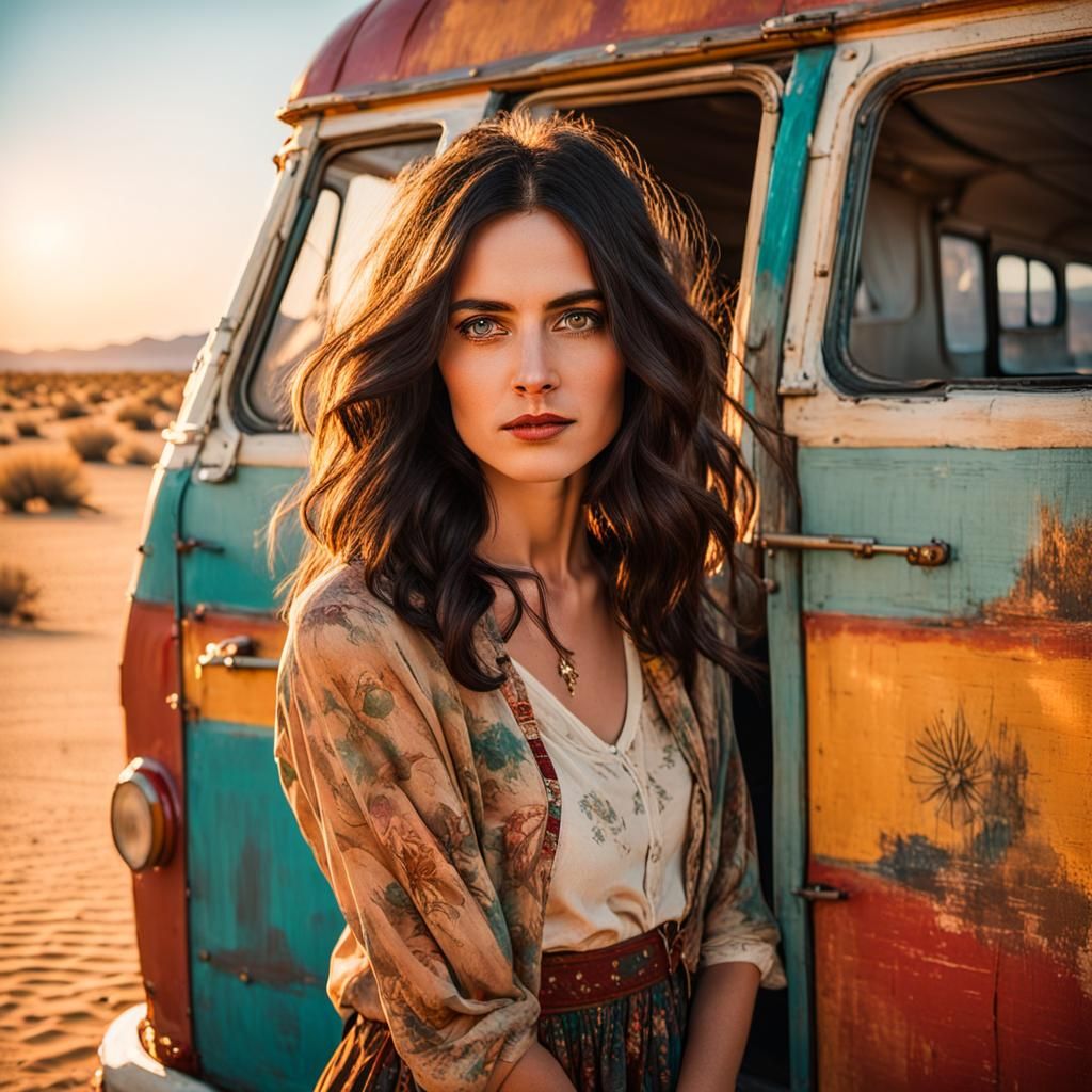 Bohemian Woman in Desert Landscape, Watercolor Portrait