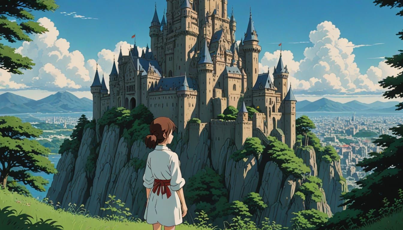Whimsical Ghibli-Inspired Girl Standing Before a Majestic Ca...