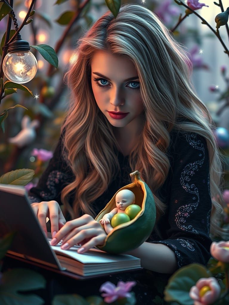Whimsical Writer in a Surreal Fairy Garden