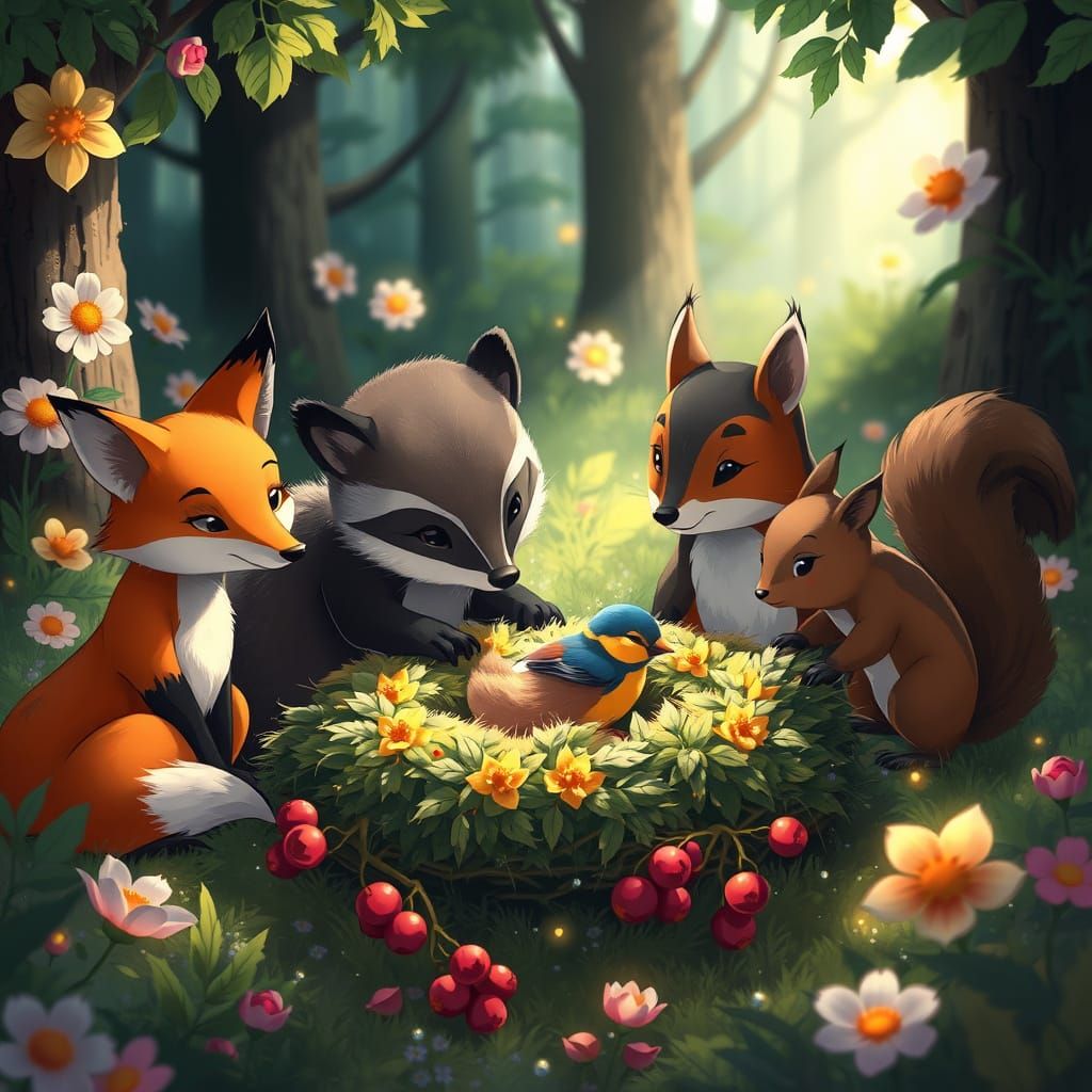 Woodland Creatures Aid Injured Bird in Whimsical Forest