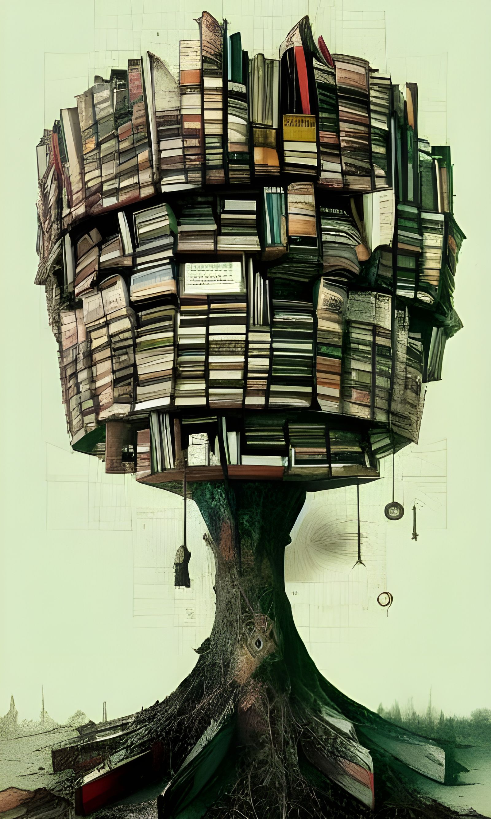 Bookshelf Tree: Photorealistic Oil Painting Illustration