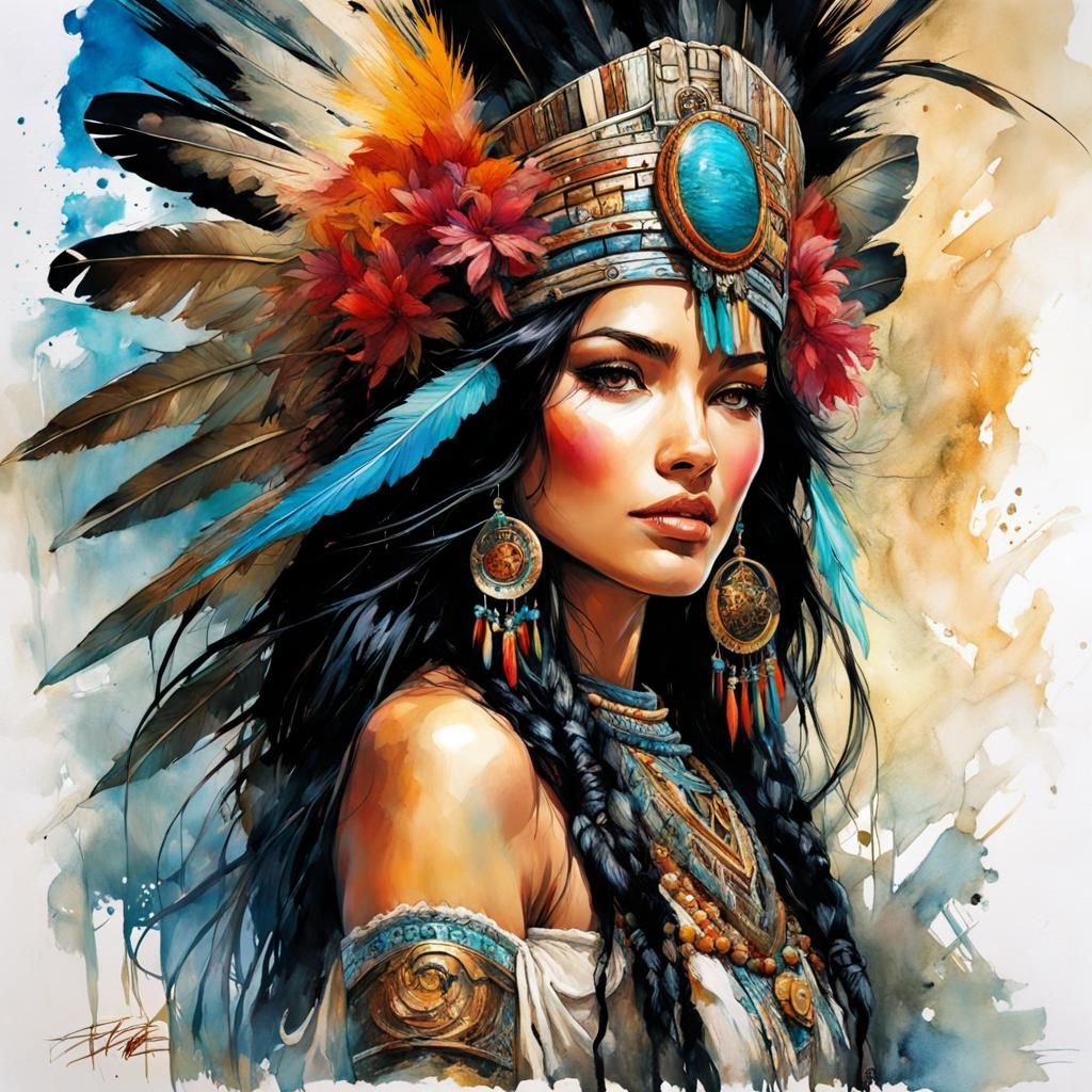 Beautiful Aztec Princess Near Stone Temple