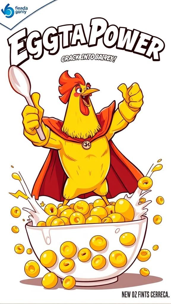 A cereal package : reading - "Eggstra Power Cereal Packaging" Create a vibrant and humorous cereal box featuring a large...