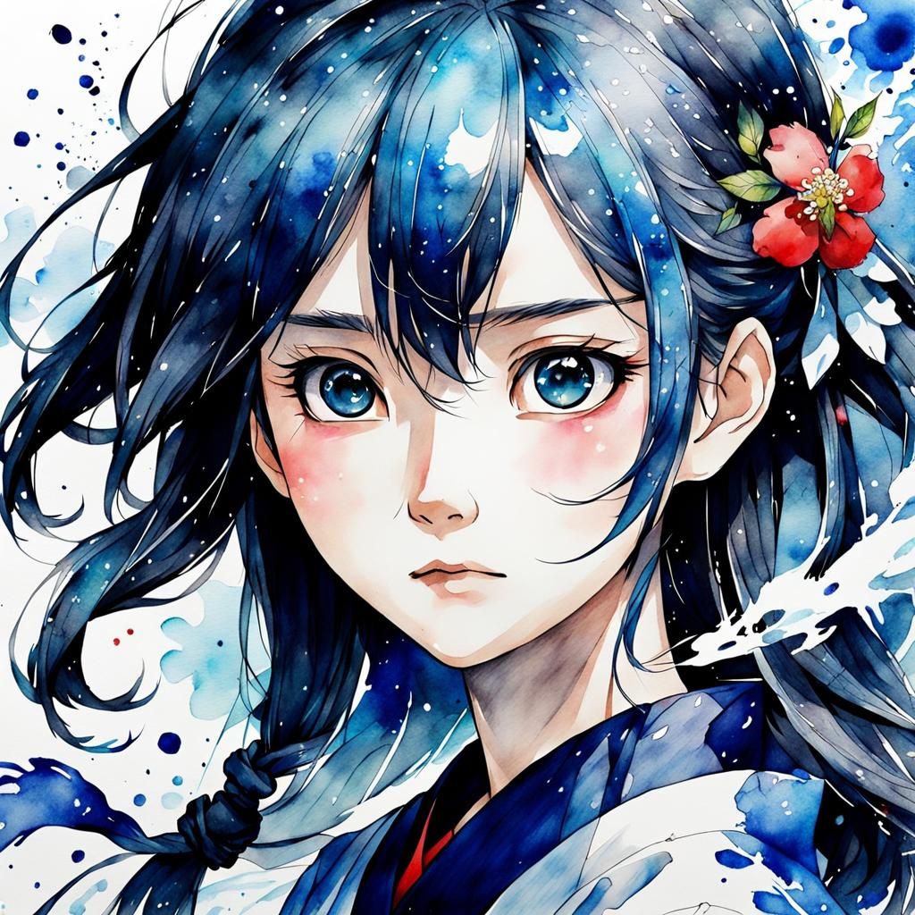 Watercolor Manga Ink Drawing with Brushwork Details