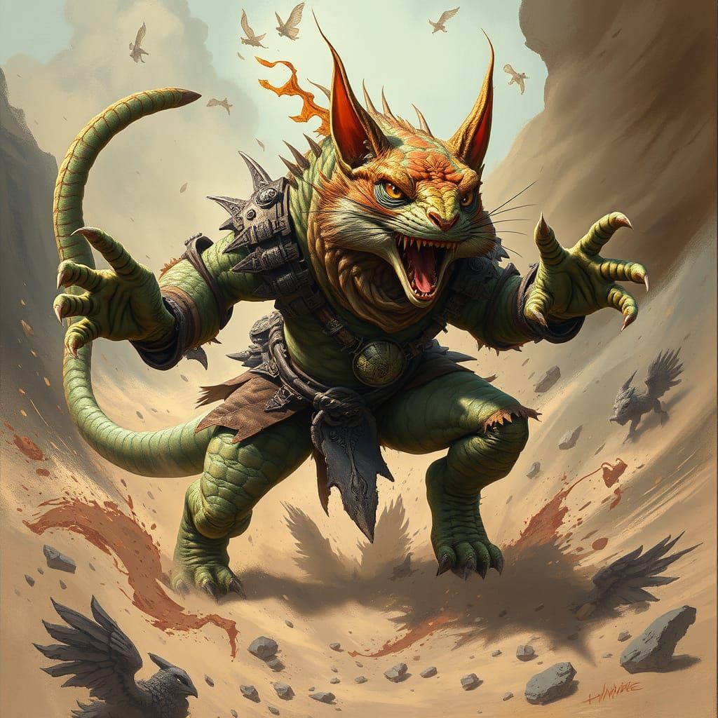 Fantasy Lizard Cat Warrior in Epic Battle
