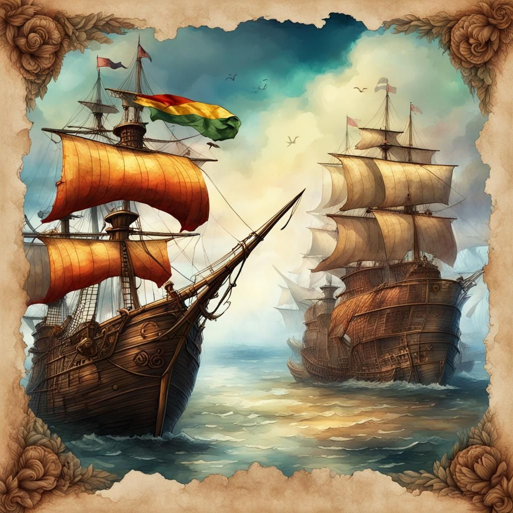 Pirate with Indian Outfit and Flag in Watercolor