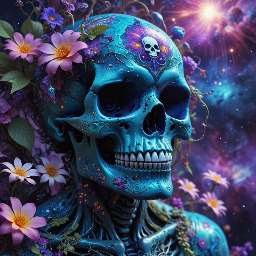 Vibrant Cosmic Mandala with Skull and Blooming Flowers