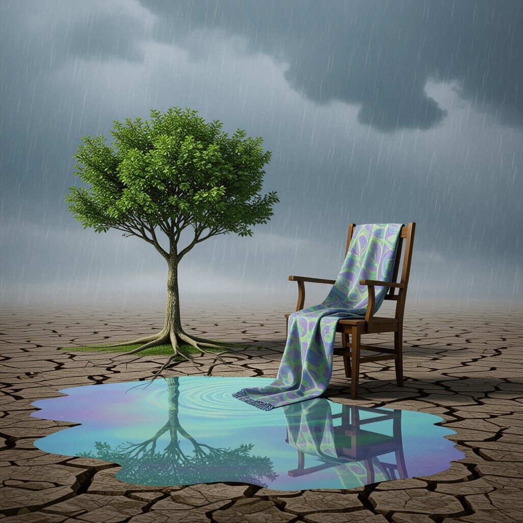 Solitary Tree with Chair Under Grey Sky