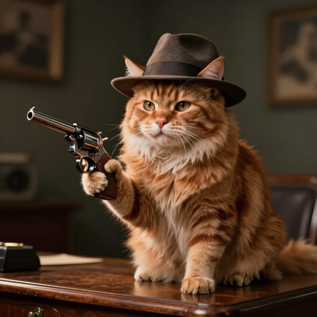 Photorealistic Ginger Cat with Revolver in Noir Style