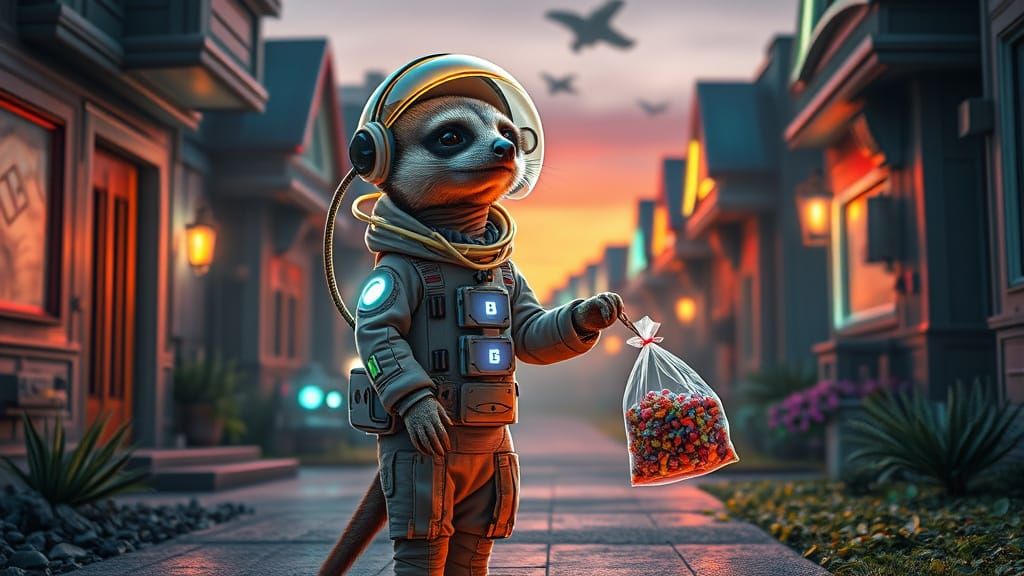 Sci-Fi Meerkat Trick-or-Treater in Alien Neighborhood