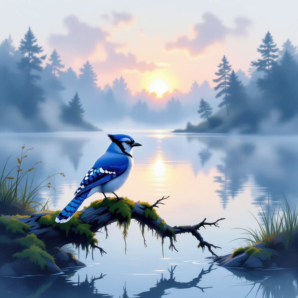 Majestic Blue Jay at Dawn Over Misty Lake