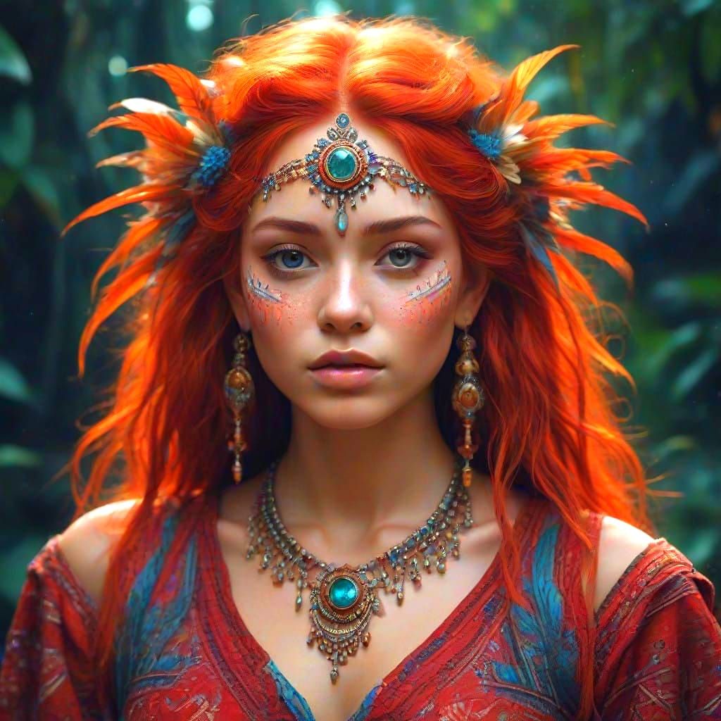 Ethereal Red-haired Women in Cosmic Elven Attire