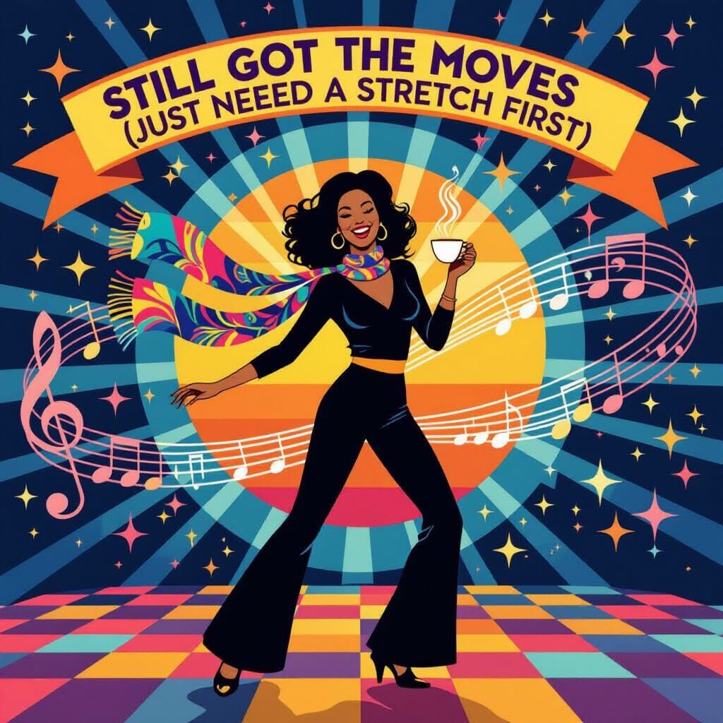 60s Woman Dancing with Scarf and Tea in Retro Style