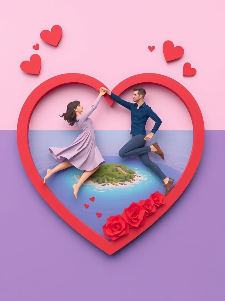 Couple in Love Dance on Heart-Shaped Island