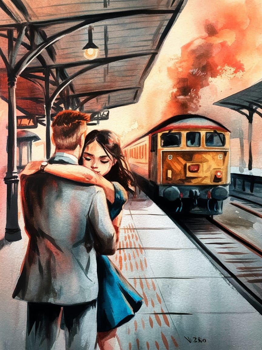 A Romantic Moment on a Train Platform in Watercolor Style