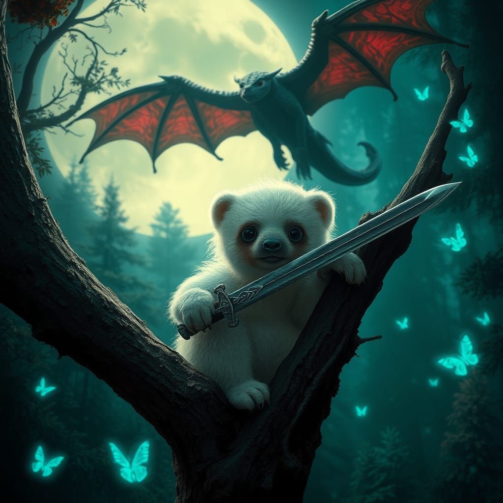 Baby Sloth Bear Warrior in Misty Forest