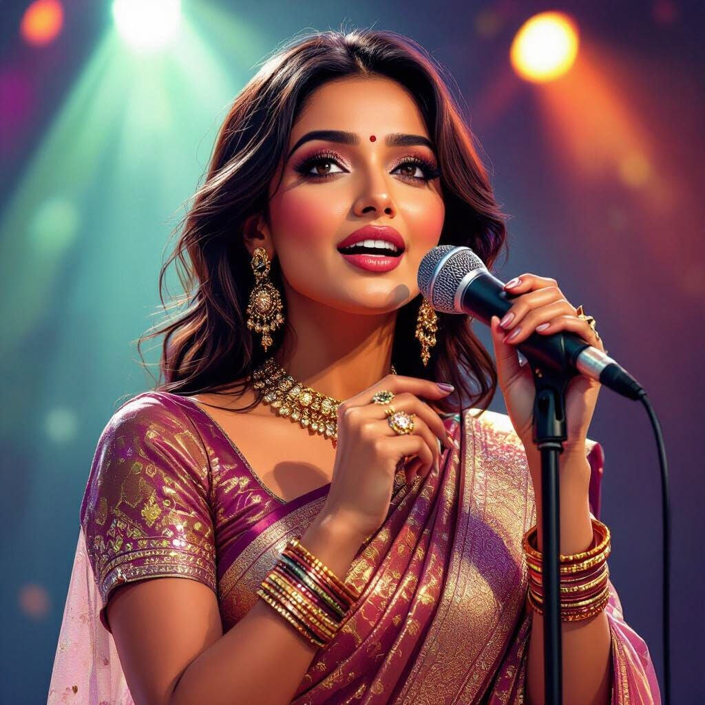 Indian Woman Sings on Stage in Glamorous Sari