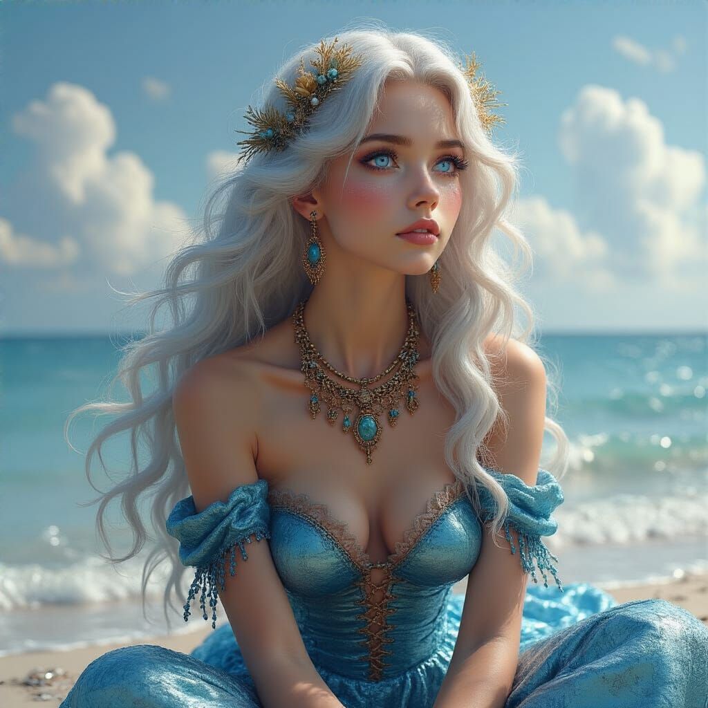 Hyperrealistic Mermaid with Silver Hair and Ocean Jewels