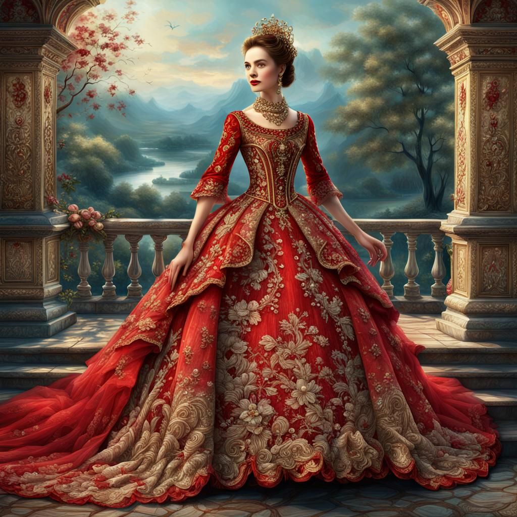 A Splendid Red Brocade Dress in Intricate Detail