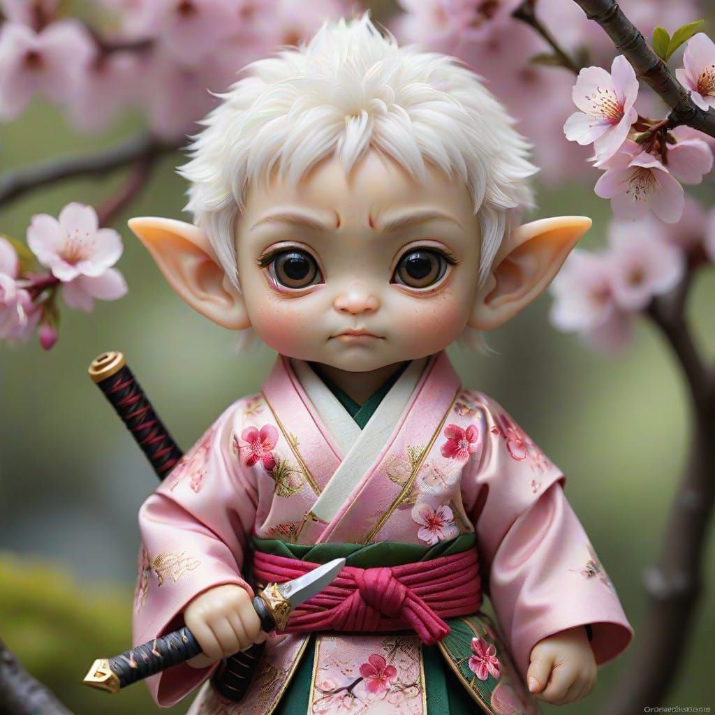 Mysterious Baby Elf Samurai in Pink Cherry Blossom