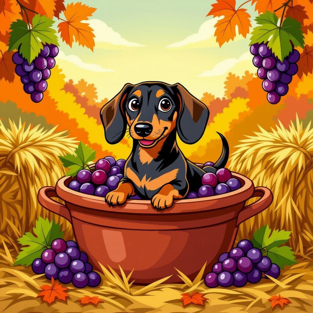 Dachshund in Grapes: 2D Cartoon Looney Tunes Style