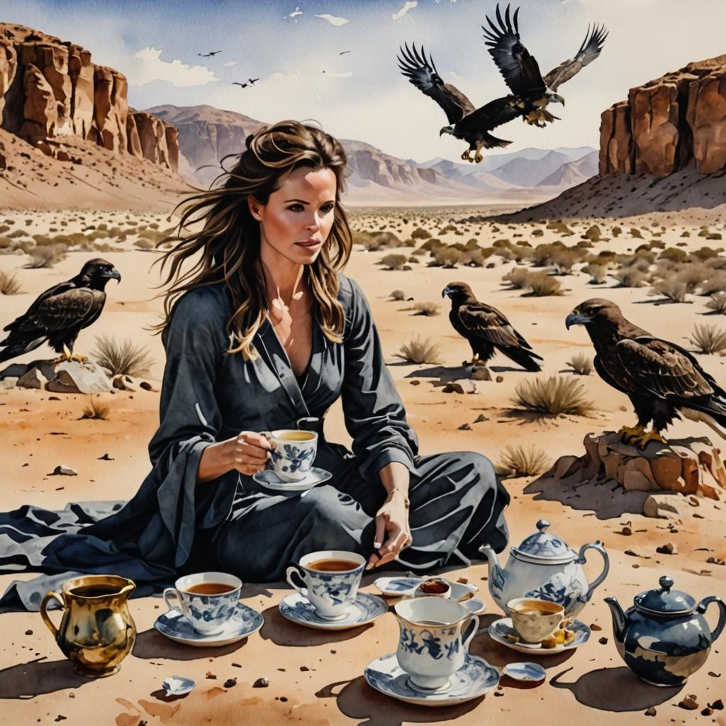 Watercolor Tea Party in Desert Landscape