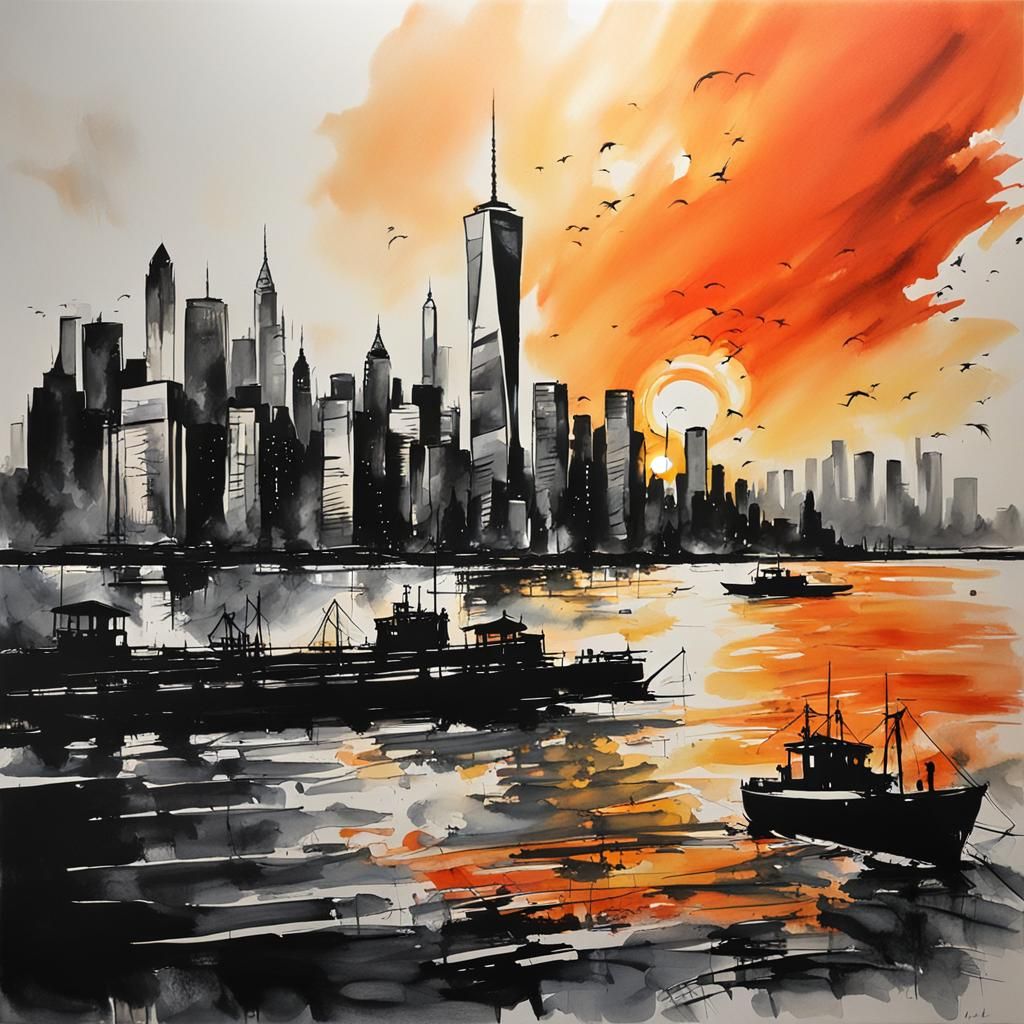 Manhattan Skyline at Sunset: Modern Ink Painting