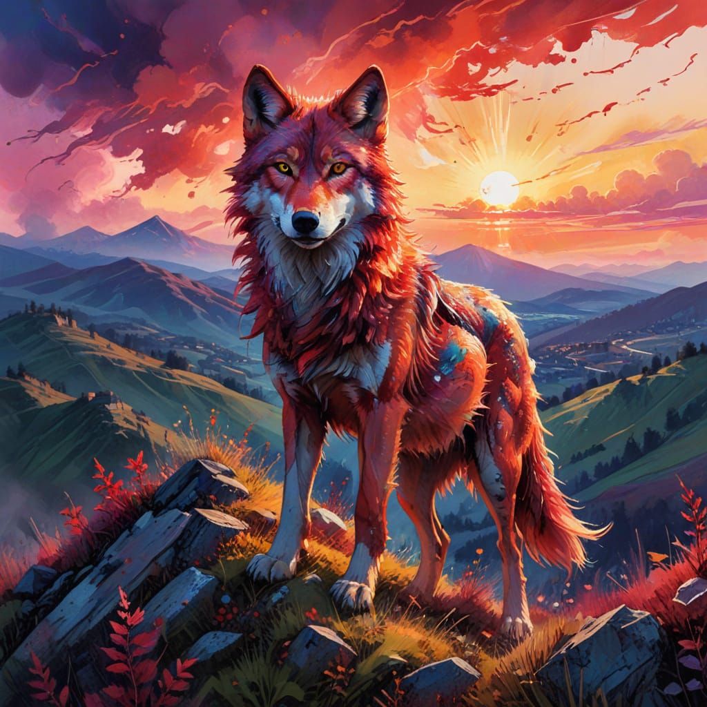 Scarlet Wolf on Radiant Hillside in Vibrant Watercolour