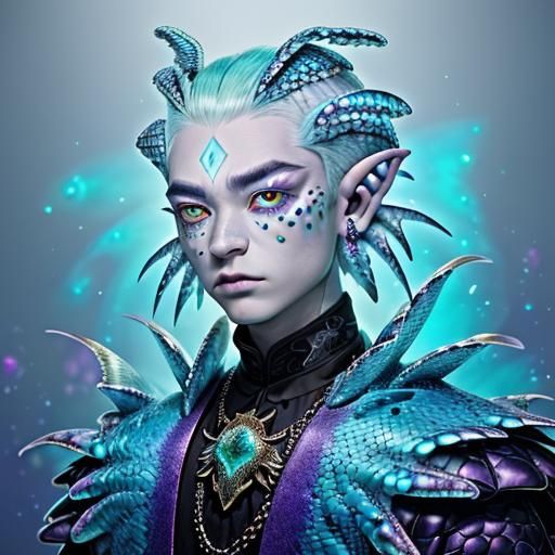 Iridescent Merman Portrait with Dragon Horns