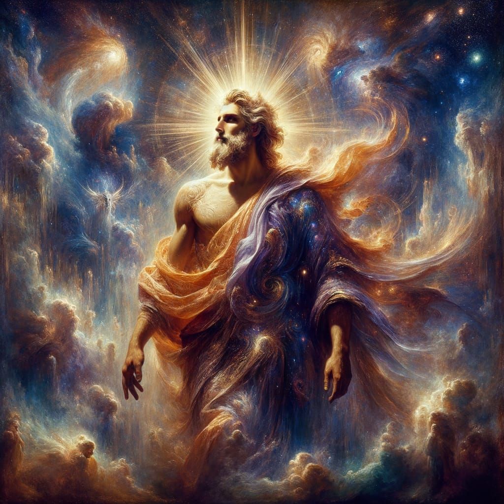 Cosmic God Figure in Painterly Galaxy Scene