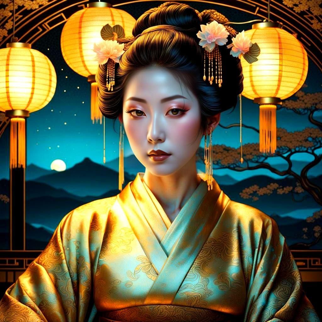 Bioluminescent Geisha in Tea Room, Digital Art