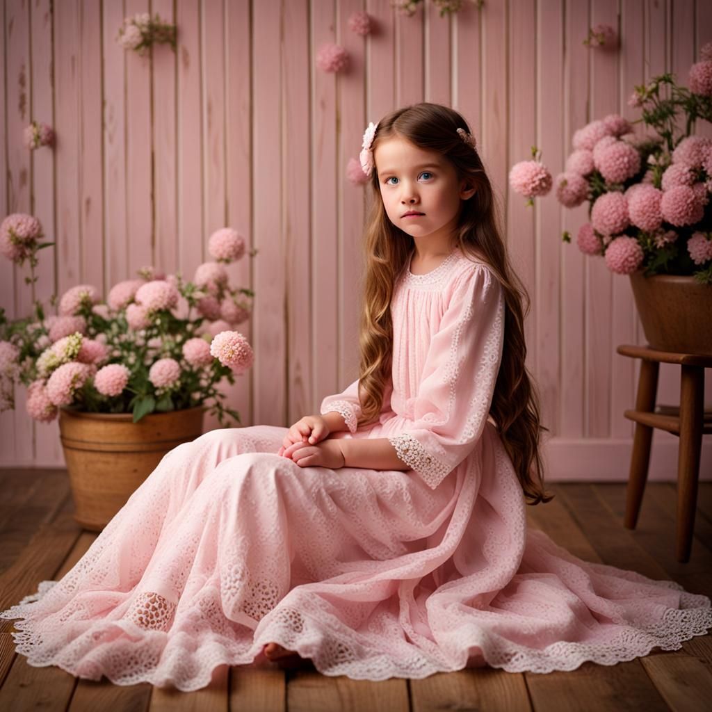 Girl in Pink Gown Sitting in Wooden Room