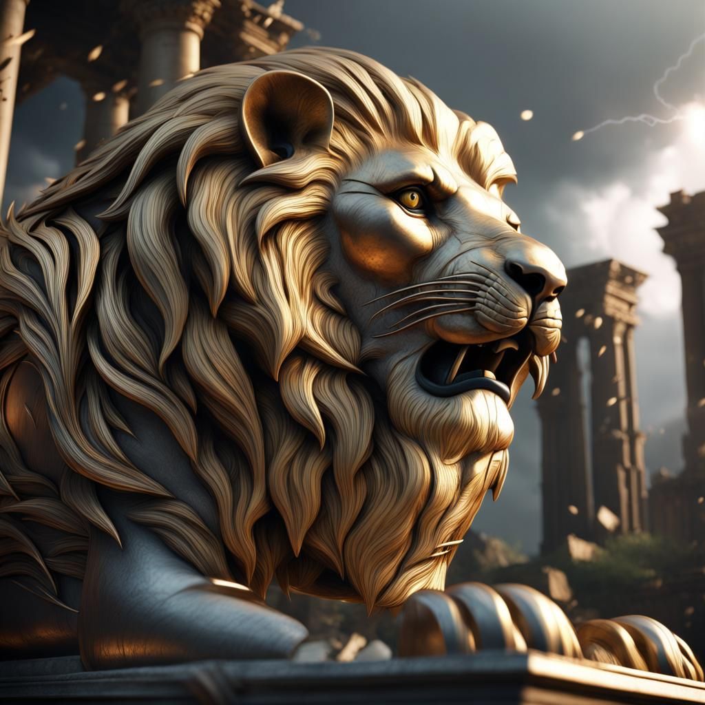 Mechanical Lion in Ruins with Thunderstorm: Digital Art