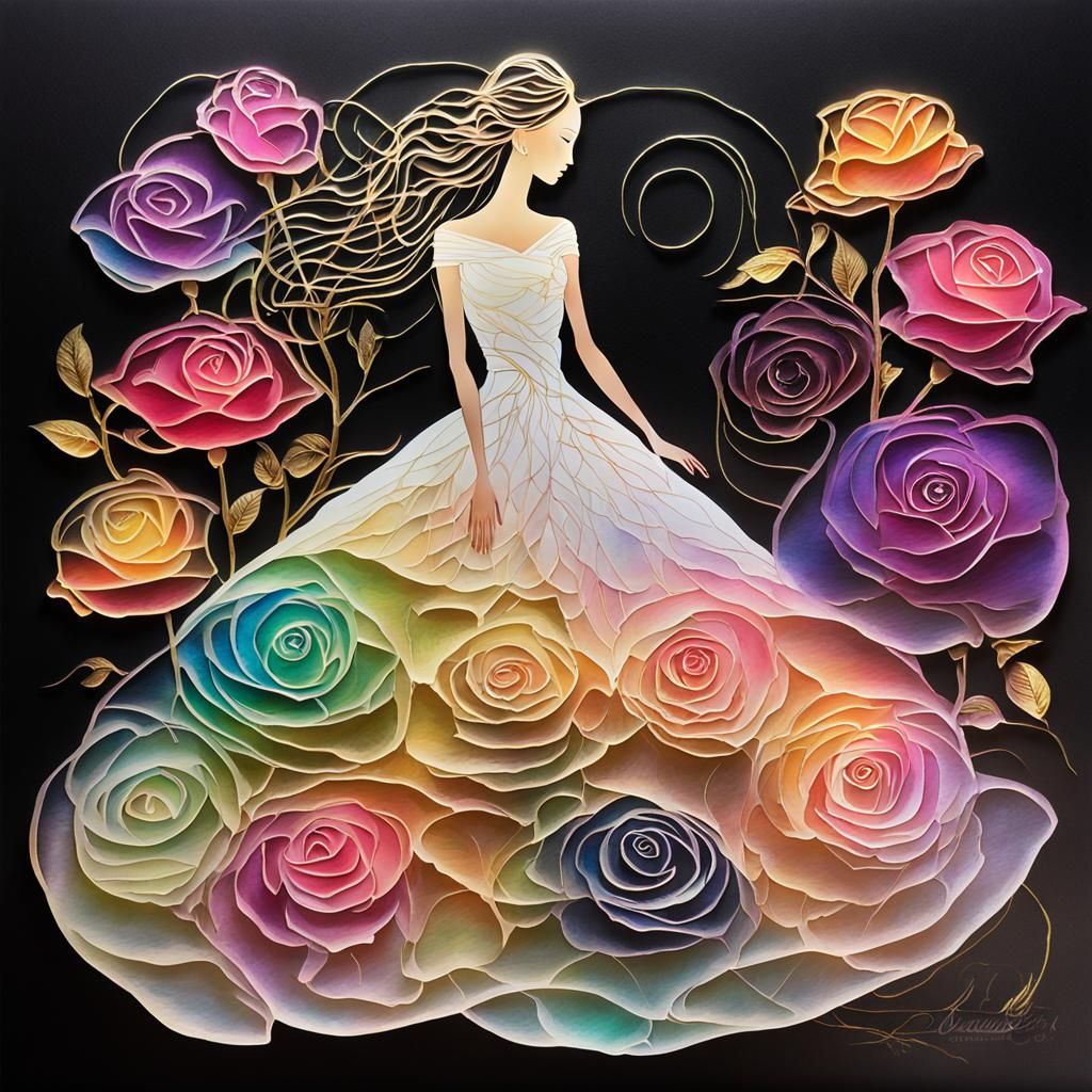 Elegant Bride in Rainbow Rose Crystal Style Art