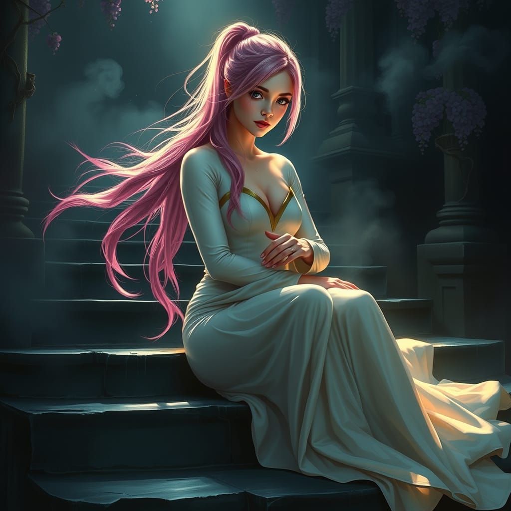 Ethereal Woman in Temple Courtyard: A Digital Painting