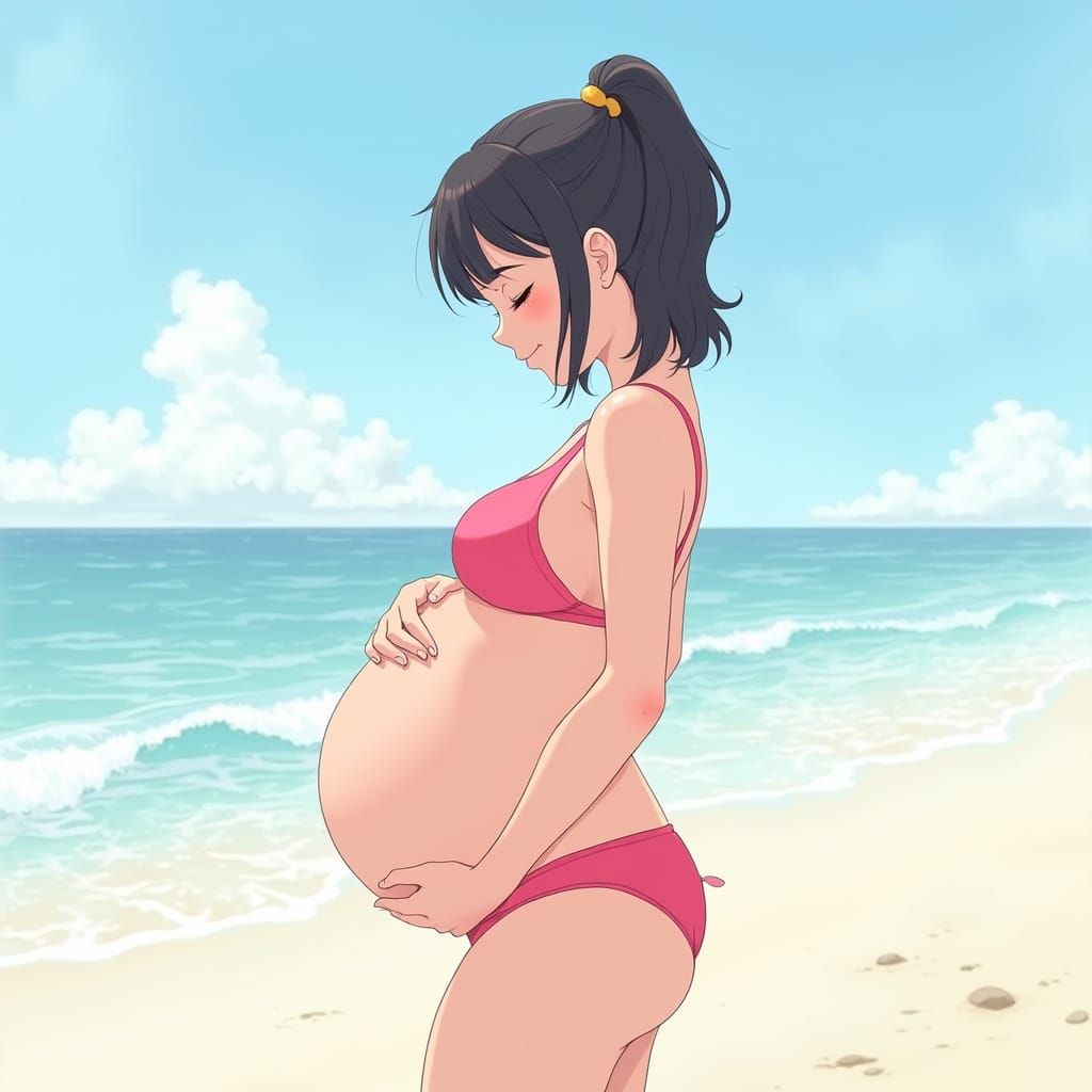 Anime Woman with Pregnancy Belly at Beach
