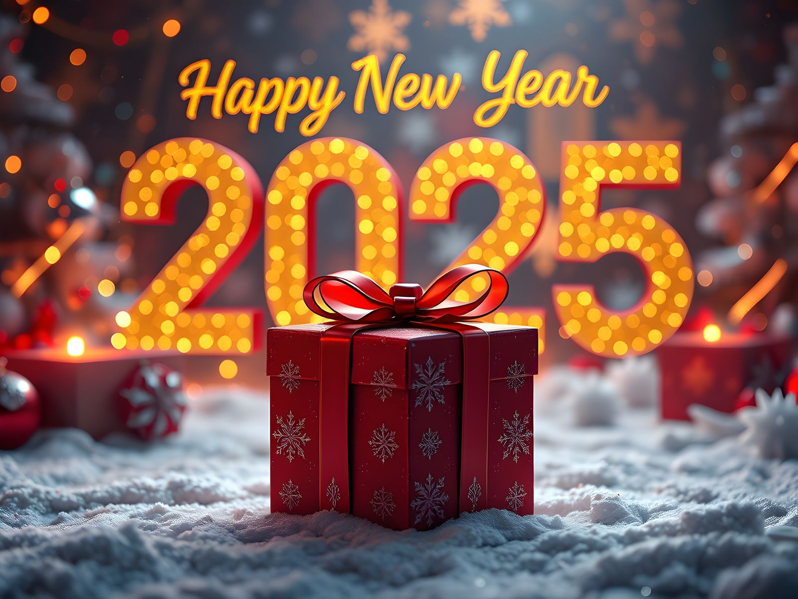 Happy New Year 2025 Gift Box in Hyperrealism