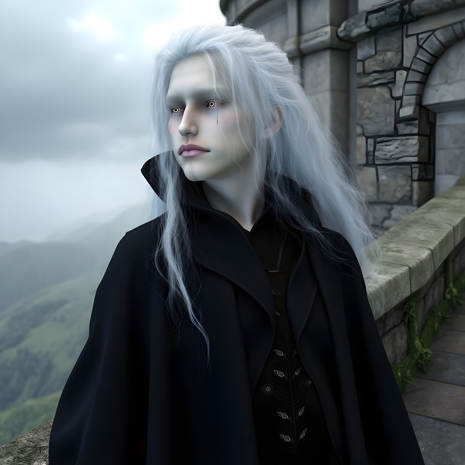 Otherworldly Prince on Castle Wall in Pre-Raphaelite Style