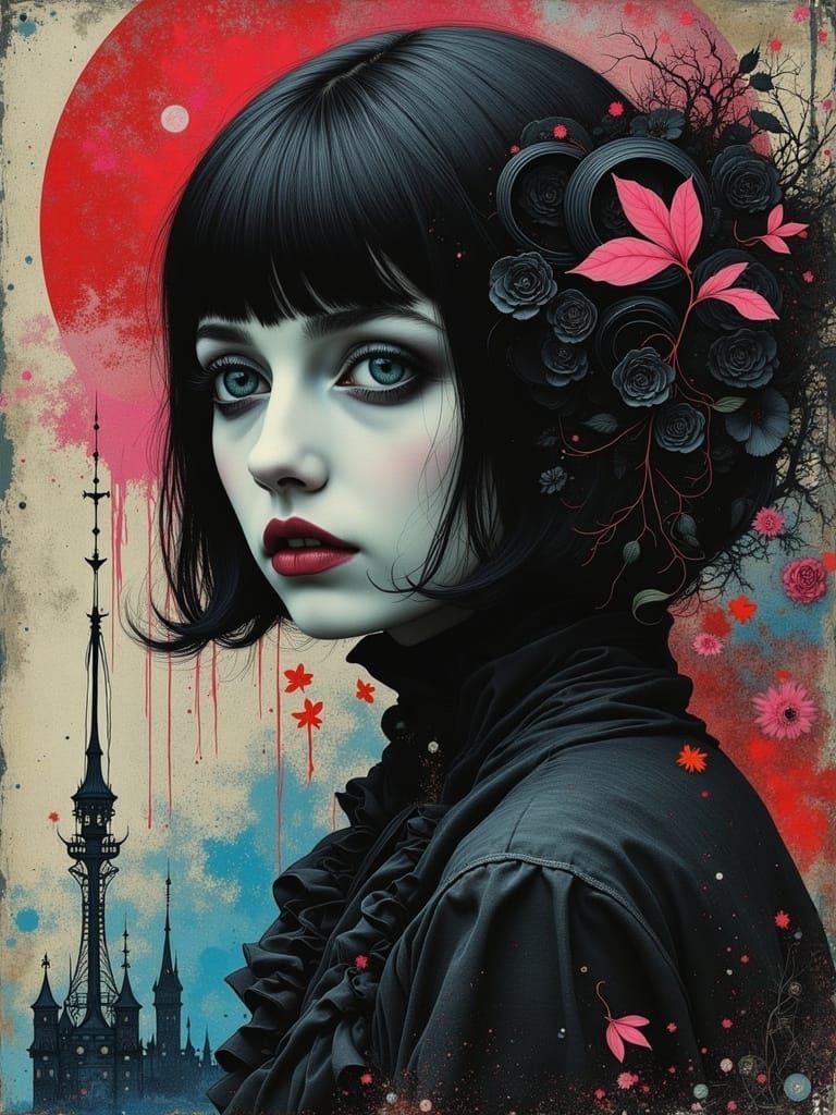 Melancholic Gothic Woman Portrait in Abstract Style