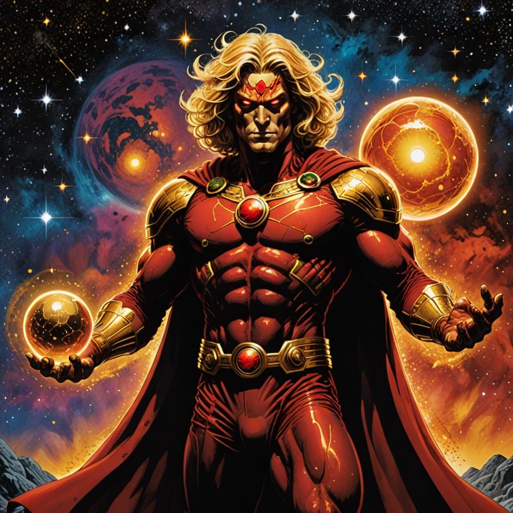Cosmic Hero Adam Warlock Poses with Golden Orb in Starry Gal...