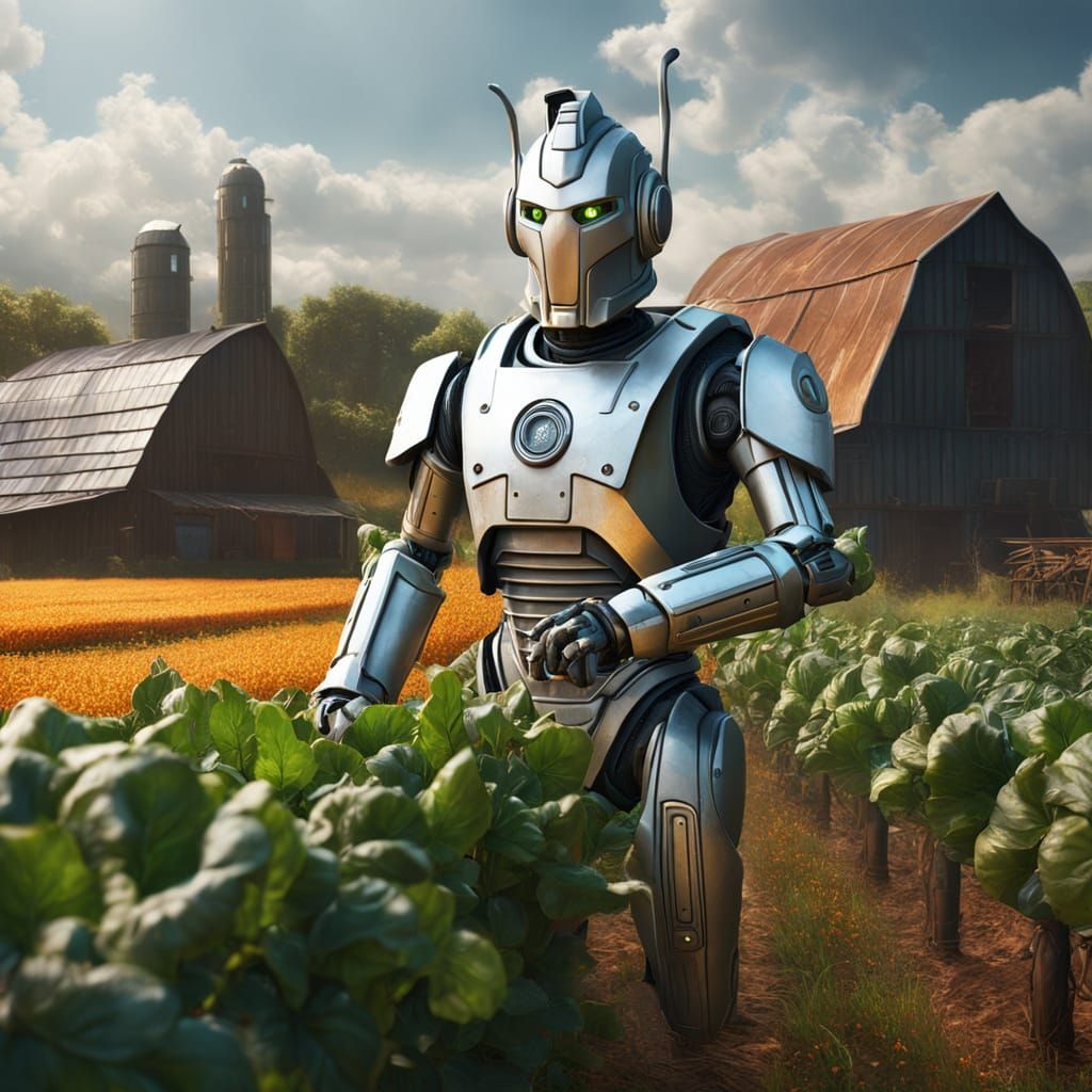 Cybernetic Samurai Farming in Detailed Matte Painting Style