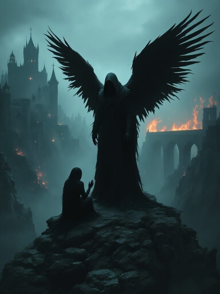 Solemn Fallen Angel Stands at the Threshold of Two Worlds