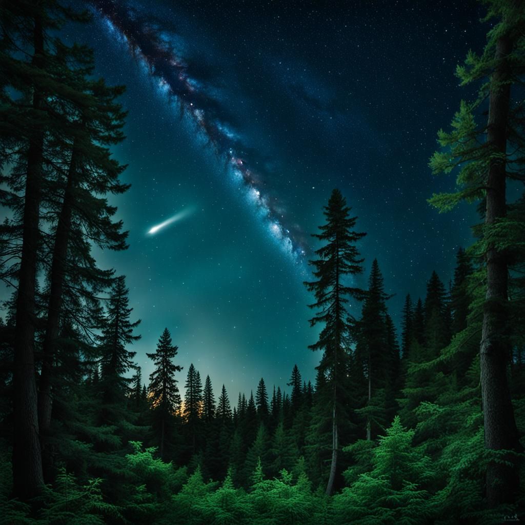 Comet's Night Flight Over Wooded Paradise
