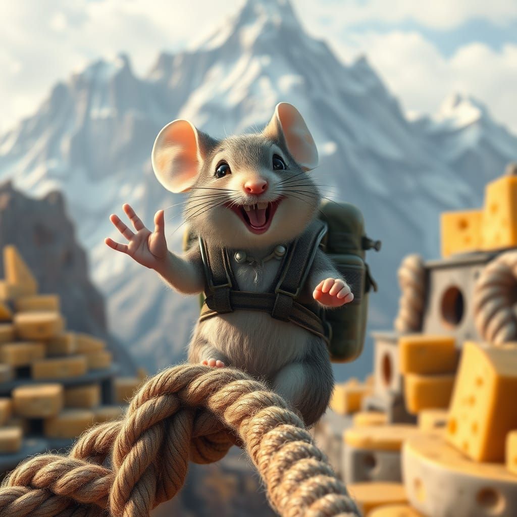 Mouse Climbs Cheese Mountain: Hyperrealistic Digital Art